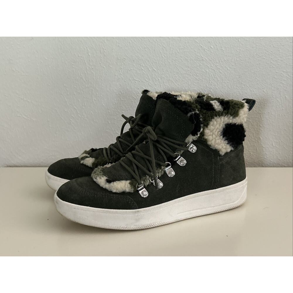 Steve Madden Leather Hi-Top Women 7M Debora Green Suede Camo Sherpa Zip Sneaker